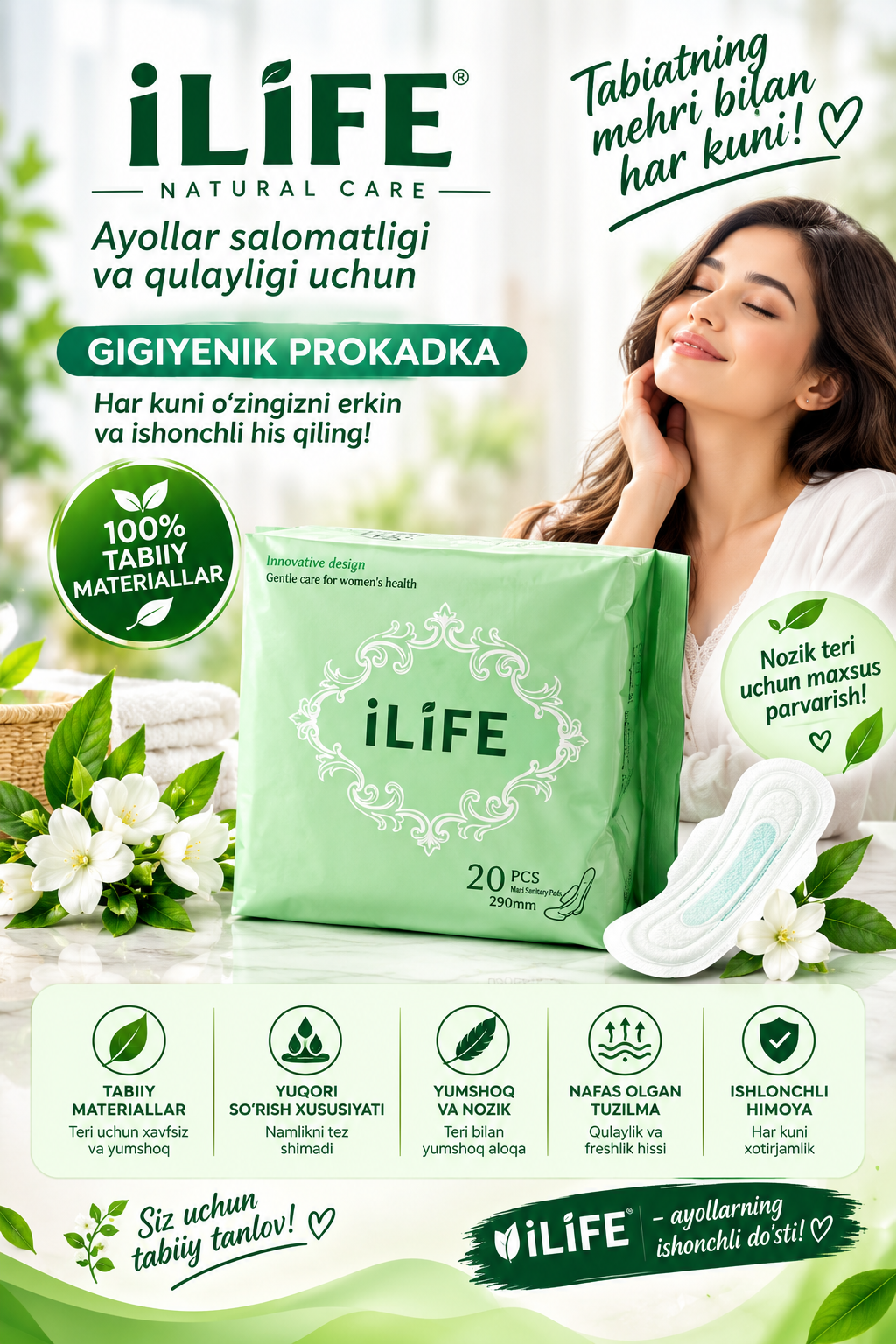 ILiFE ayollar gigiyenik prokladkalari 155mm, 190mm, 245mm