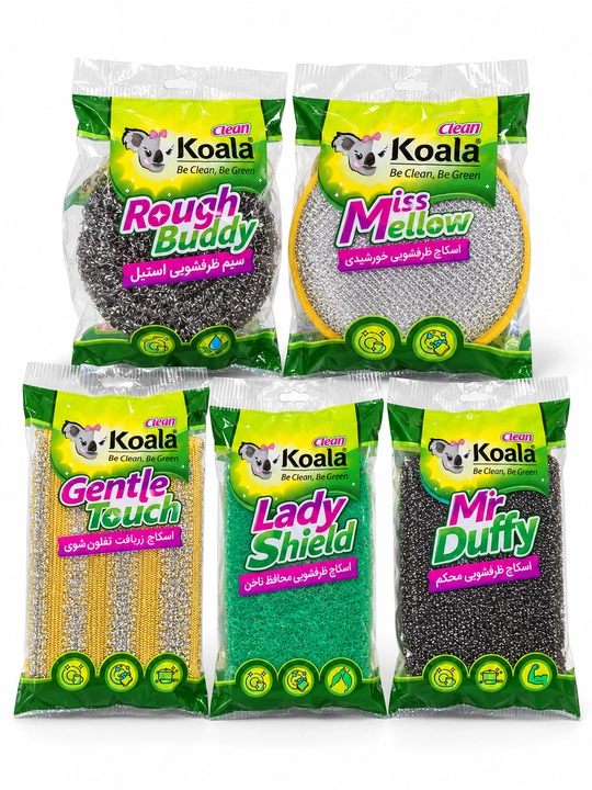 Koala Clean idish yuvish gubkalari va metall mochalka to‘plami, 5 xil, 5 dona