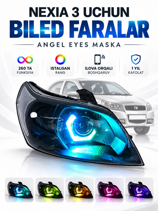 Тюнинговые фары Nexia 3 с Bi-LED Zimmer R80 Max 80W, RGB Angel Eyes, 260 функций - 