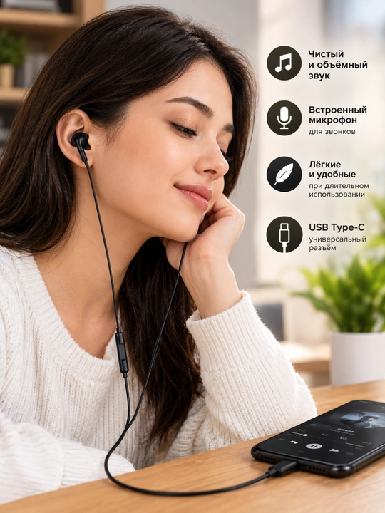 BOROFONE BM100 Pro проводные наушники USB Type-C с микрофоном, стерео звук, чёрные