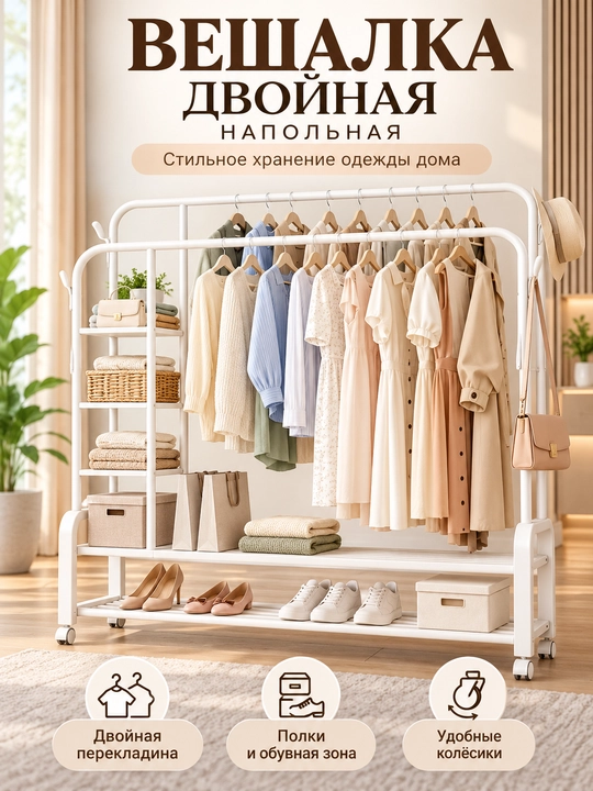 Kiyim ilgichi TOP, g‘ildirakli tokchali qora, 160×110×55 sm - 