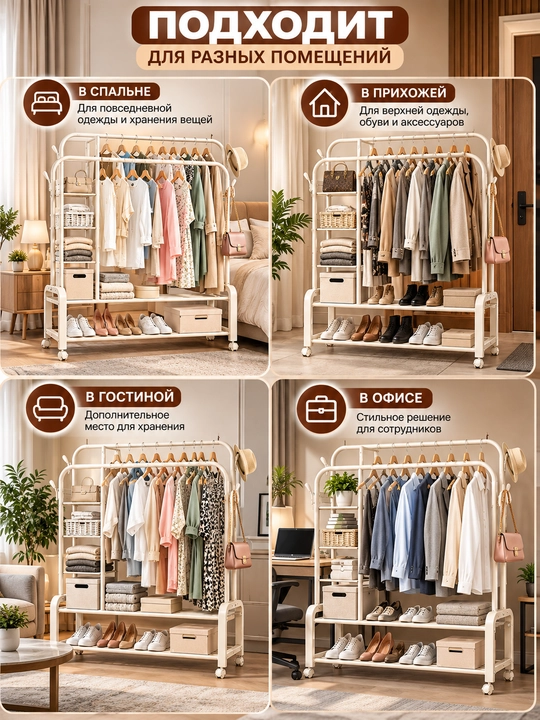 Вешалка для одежды TOP, на колёсах с полками, 160×110×55 см