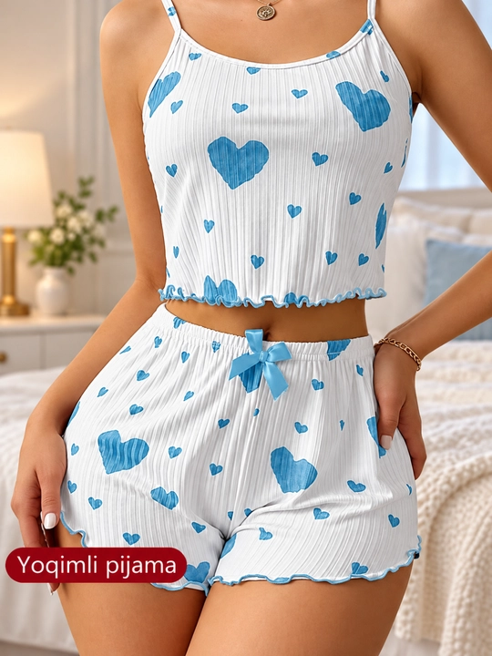 Ayollar pijamasi shortiklar bilan to‘plamda, uy kiyimi, turli o‘lchamlarda