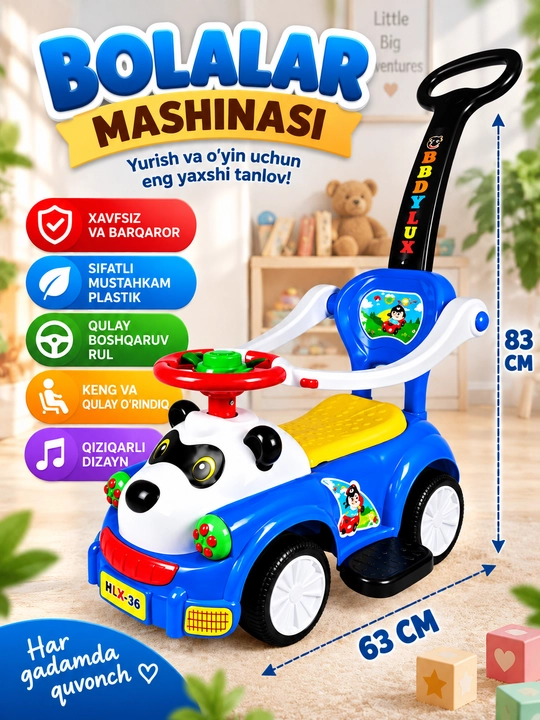 Bolalar mashinasi Panda, mashina-katalka, rul va itarish tutqichli - 