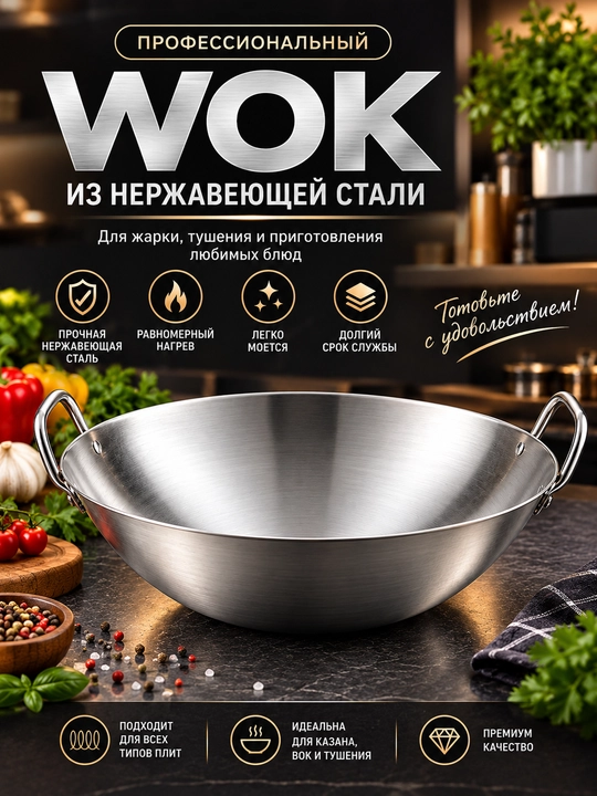 Сковорода-WOK из нержавеющей стали с двумя ручками – для жарки, тушения и запекания - 