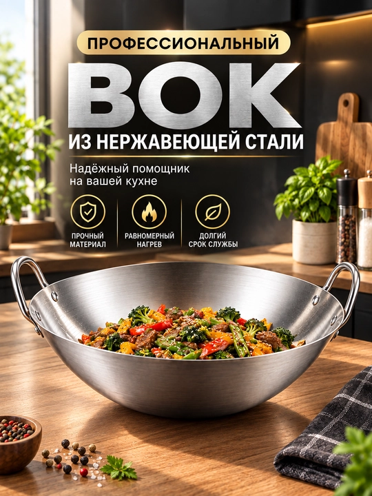Ikki tutqichli nerjavayka WOK skovorodkasi – qovurish, dimlash va pishirish uchun