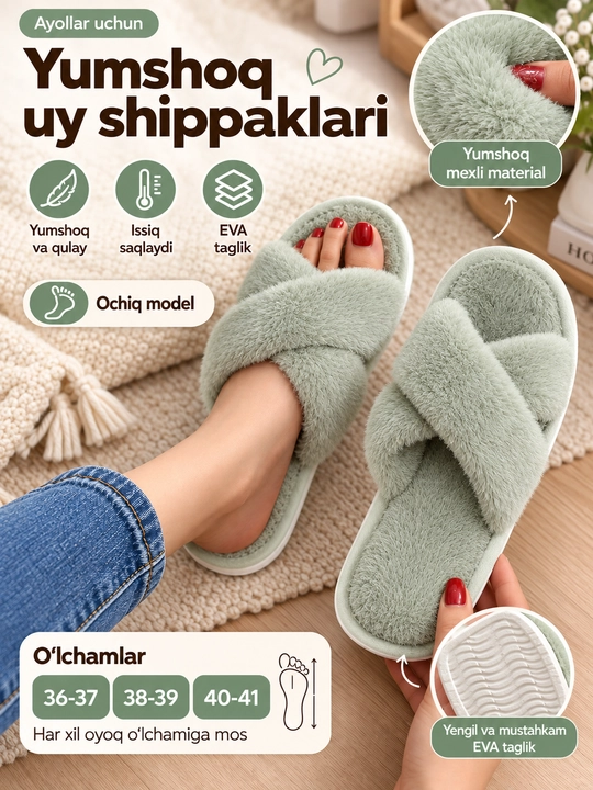 Uy shippaklari, ayollarniki, yumshoq, momiq, ochiq, kesishgan tasmali, tagcharmi EVA - 