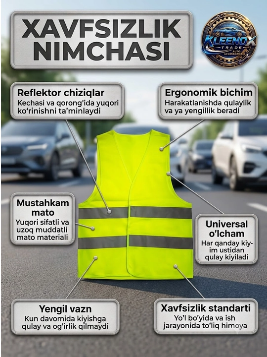Nur qaytaruvchi xavfsizlik nimchasi, avtomobil va ish uchun yorug'lik qaytargich jilet