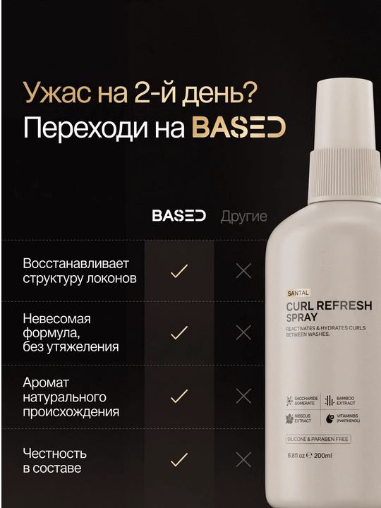 Спрей для кудрявых волос BASED Curl Refresh — для формы, увлажнения и чёткости кудрей