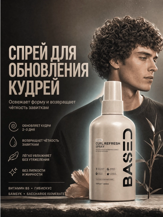Спрей для кудрявых волос BASED Curl Refresh — для формы, увлажнения и чёткости кудрей - 