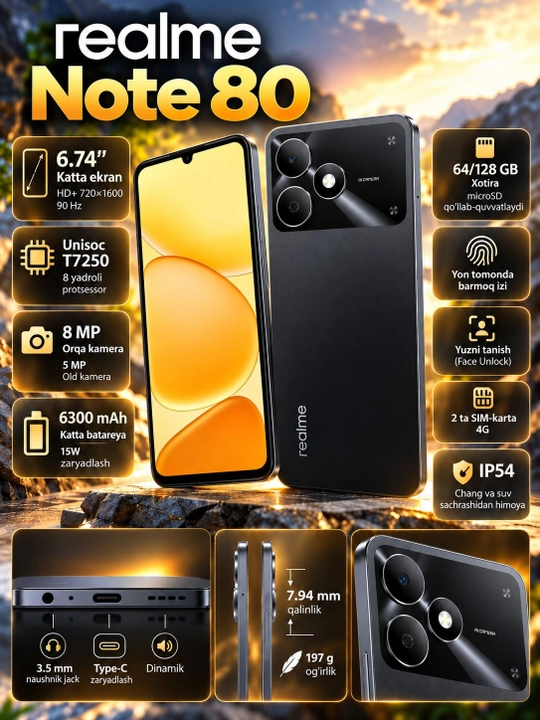 Telefon Realme Note 80 4/64 - 4/128 GB, 6.74" 90Hz, 6300 mAh