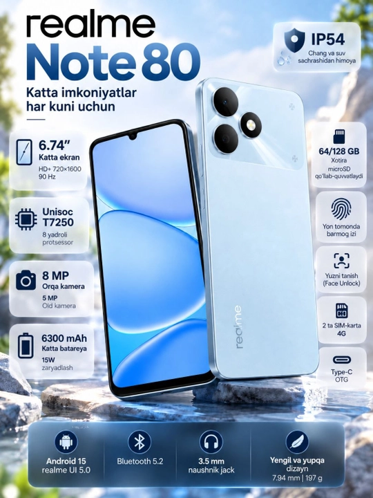 Телефон Realme Note 80 4/64 - 4/128 ГБ, 6.74", 90 Гц, 6300 мАч - 
