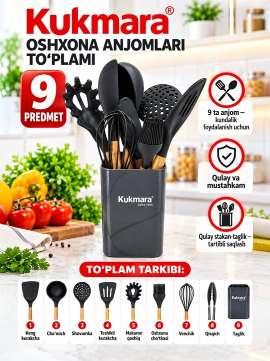 Kukmara oshxona anjomlari to‘plami, 9 predmet, stakan (idish) bilan - 