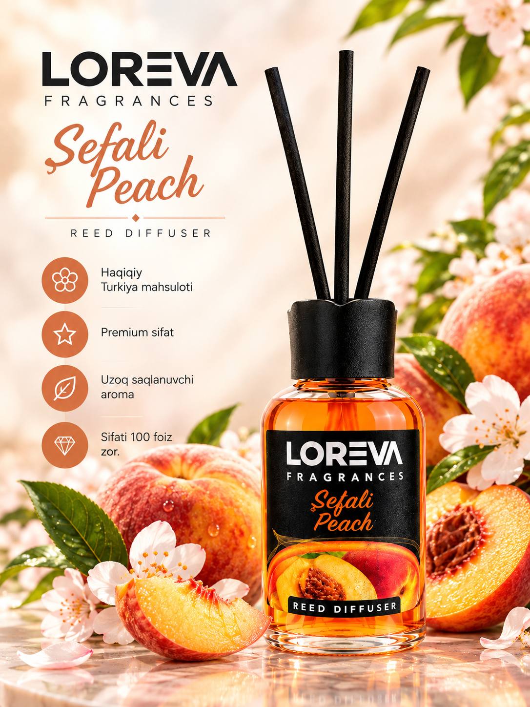 LOREVA Sefali Peach, 55 г — Аромадиффузор с палочками, аромат персика - 