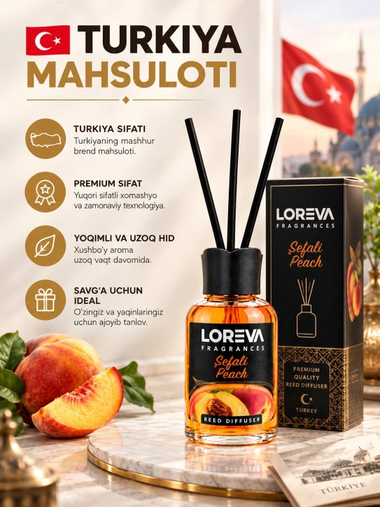 LOREVA Sefali Peach, 55 g — Tayoqchali aromadiffuzor, shaftoli aromati