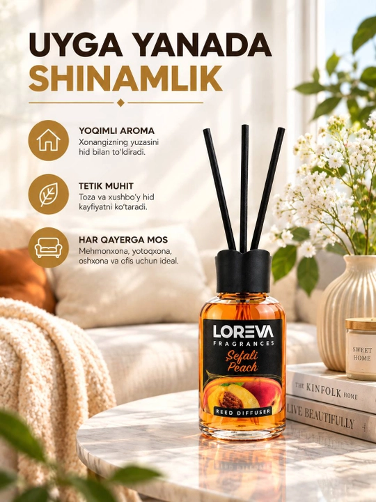 LOREVA Sefali Peach, 55 g — Tayoqchali aromadiffuzor, shaftoli aromati