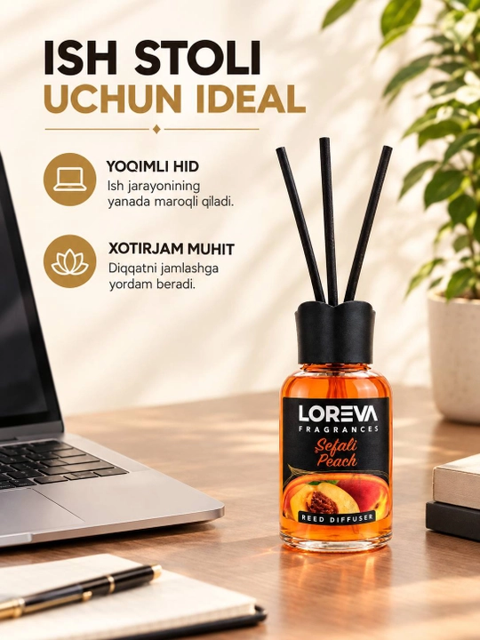 LOREVA Sefali Peach, 55 g — Tayoqchali aromadiffuzor, shaftoli aromati