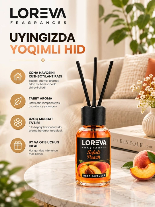 LOREVA Sefali Peach, 55 g — Tayoqchali aromadiffuzor, shaftoli aromati