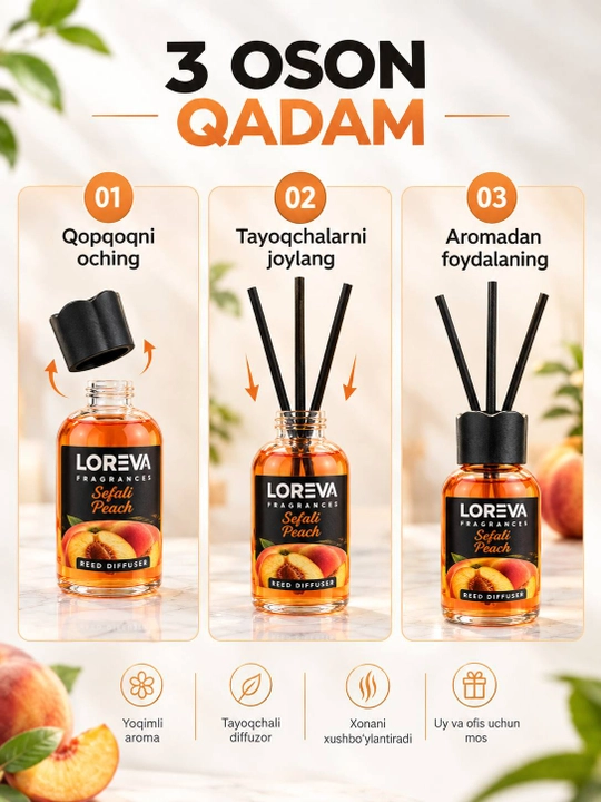 LOREVA Sefali Peach, 55 g — Tayoqchali aromadiffuzor, shaftoli aromati