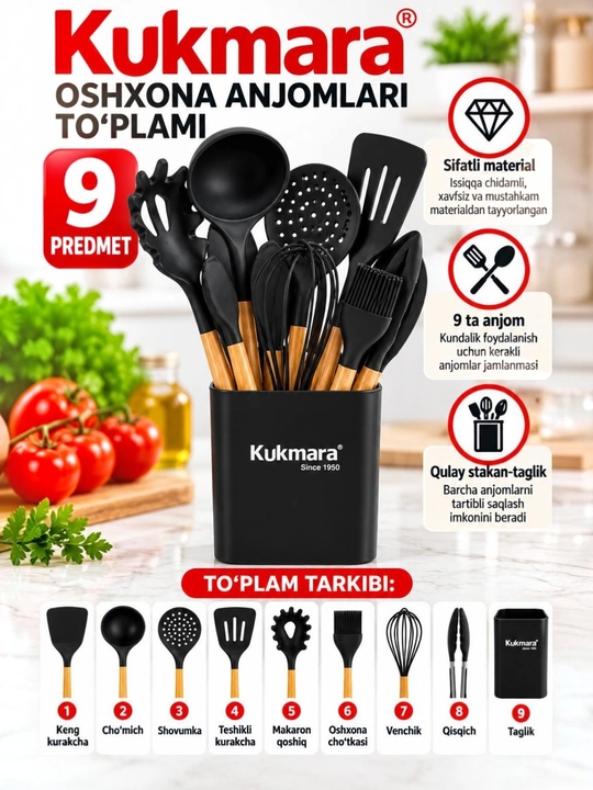 Kukmara oshxona anjomlari to‘plami, 9 predmet, stakan (idish) bilan - 
