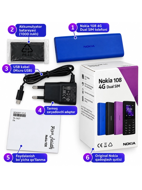 Nokia 108 DUAL sim knopkali kamerasiz ixcham tugmali telefon, uzimeidan o'tgan 1020 mAh
