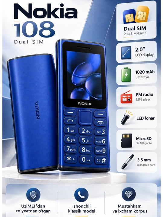 Nokia 108 DUAL sim knopkali kamerasiz ixcham tugmali telefon, uzimeidan o'tgan 1020 mAh