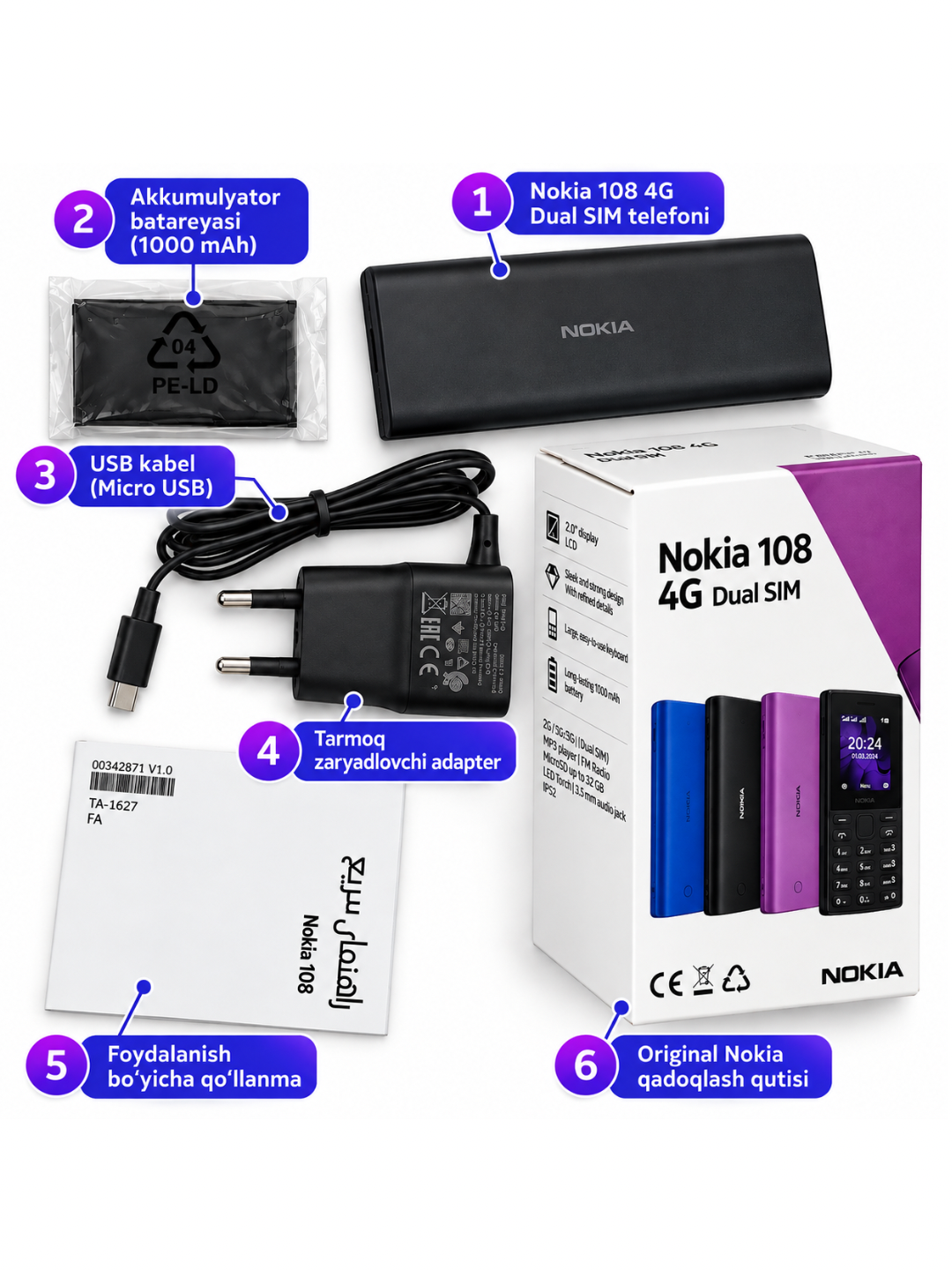 Nokia 108 DUAL sim knopkali kamerasiz ixcham tugmali telefon, uzimeidan o'tgan 1020 mAh