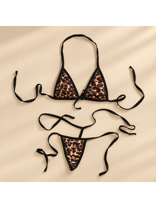 Leopard printli bikini top va trusik stringi