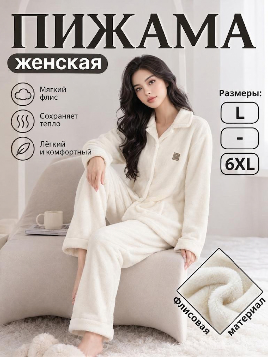 Тёплая и мягкая махровая женская пижама больших размеров, плюшевый домашний костюм - 