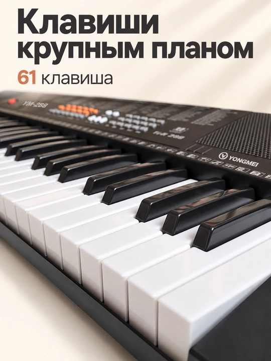 Elektron pianino 61 standart tugmachalari, mikrofon, tarmoq va batareya bilan quvvatlanadi