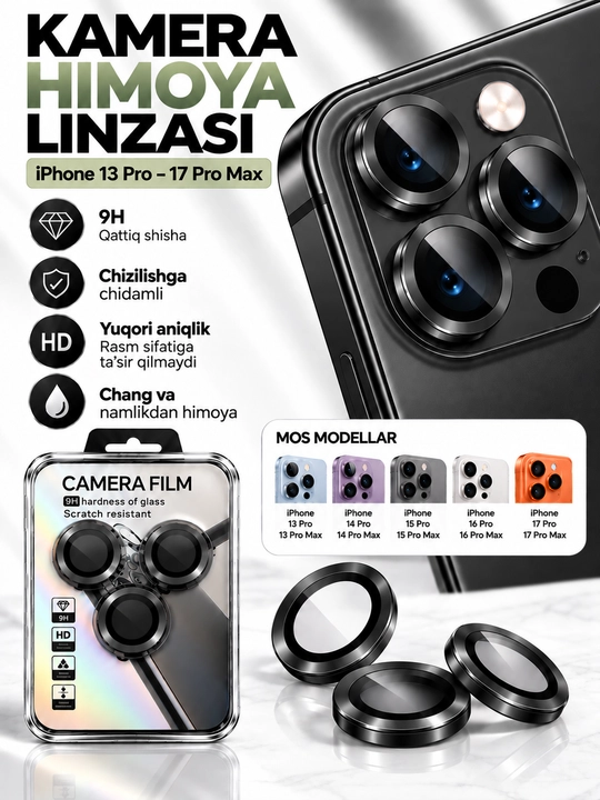 IPhone Kamera Himoya oynasi (Linzasi) 9H – iPhone 13 14 15 16 17 Pro/ProMax