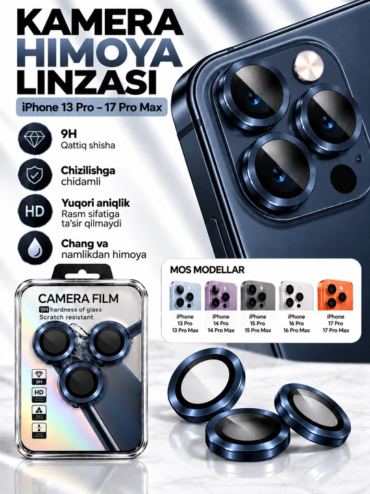 IPhone Kamera Himoya oynasi (Linzasi) 9H – iPhone 13 14 15 16 17 Pro/ProMax