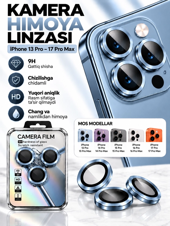 IPhone Kamera Himoya oynasi (Linzasi) 9H – iPhone 13 14 15 16 17 Pro/ProMax