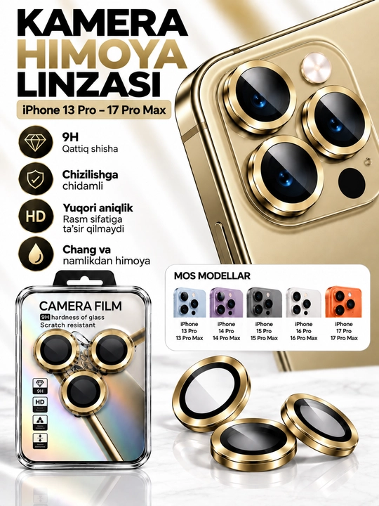 IPhone Kamera Himoya oynasi (Linzasi) 9H – iPhone 13 14 15 16 17 Pro/ProMax