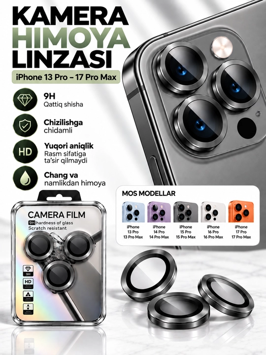 IPhone Kamera Himoya oynasi (Linzasi) 9H – iPhone 13 14 15 16 17 Pro/ProMax