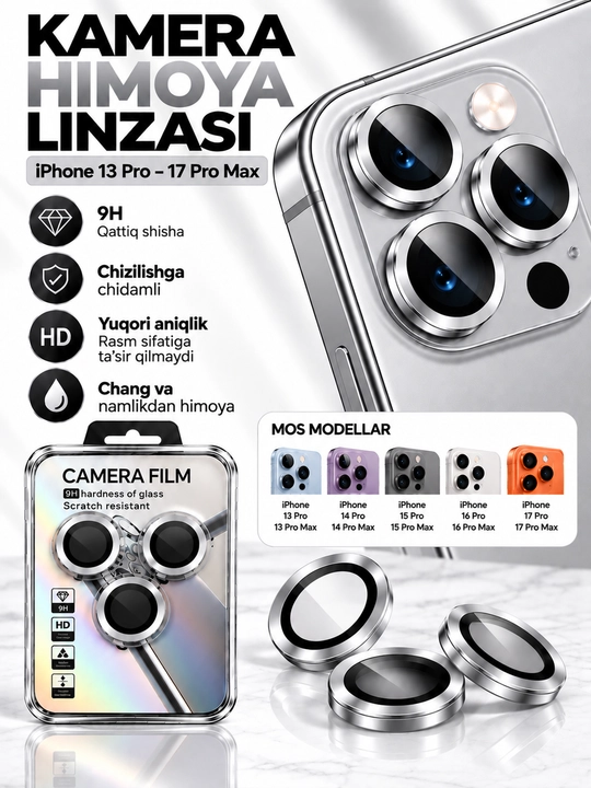 IPhone Kamera Himoya oynasi (Linzasi) 9H – iPhone 13 14 15 16 17 Pro/ProMax