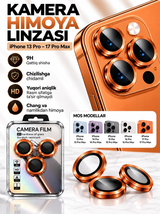 IPhone Kamera Himoya oynasi (Linzasi) 9H – iPhone 13 14 15 16 17 Pro/ProMax