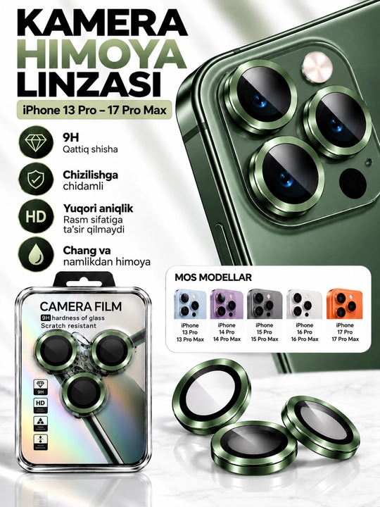 IPhone Kamera Himoya oynasi (Linzasi) 9H – iPhone 13 14 15 16 17 Pro/ProMax