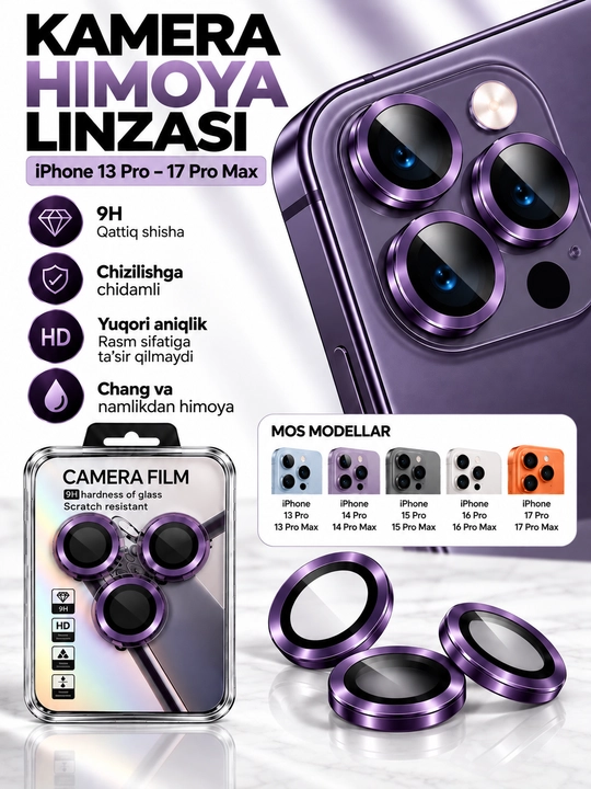 IPhone Kamera Himoya oynasi (Linzasi) 9H – iPhone 13 14 15 16 17 Pro/ProMax