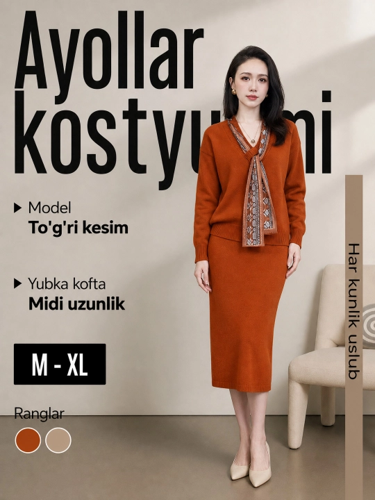 Ayollar uchun 2 qismli yubkali kostyum, kofta va midi yubka, zamonaviy ayollar kiyimi