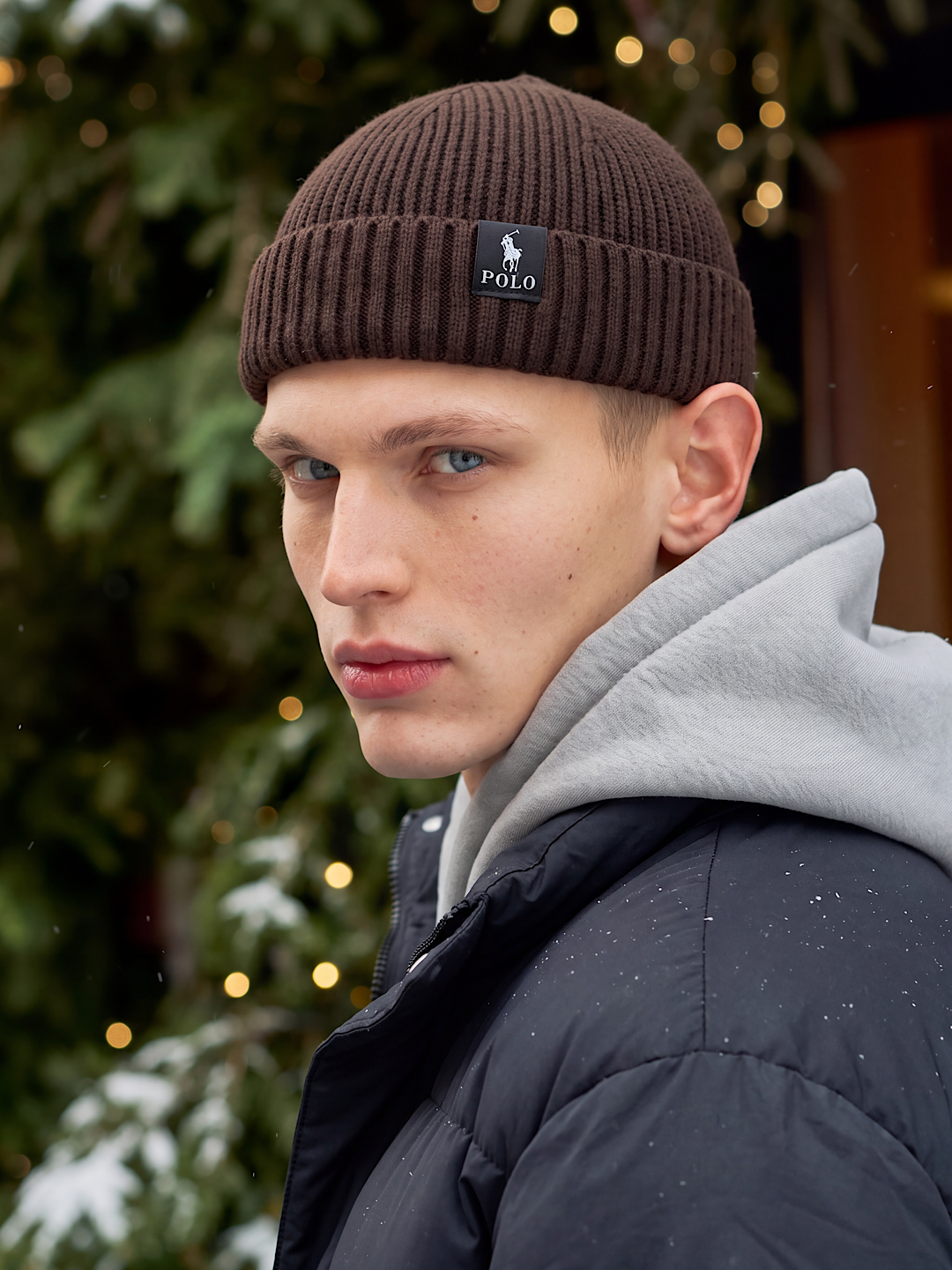 Шапка мужская зимняя бини, короткая вязаная beanie, мужской головной убор - 