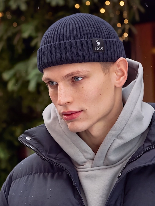 Шапка мужская зимняя бини, короткая вязаная beanie, мужской головной убор - 