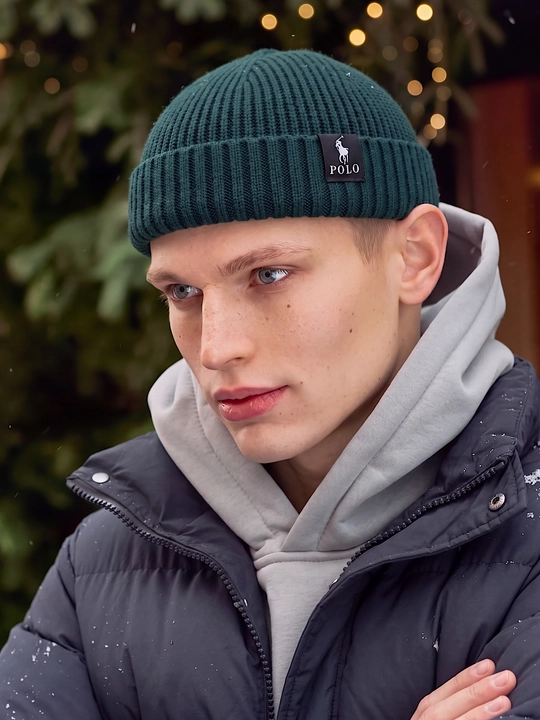 Шапка мужская зимняя бини, короткая вязаная beanie, мужской головной убор - 