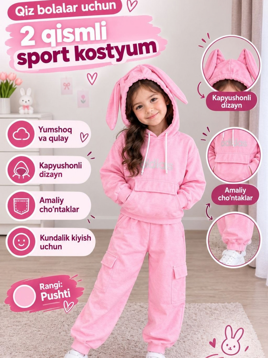 Qizlar uchun bolalar sport kostyumi, 2 qismli, huddi va shim, 3–6 yosh, zamonaviy kiyim