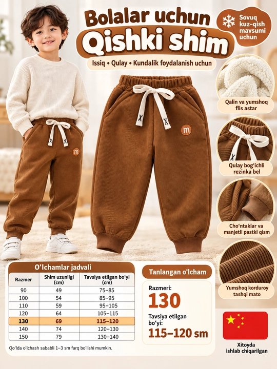 Bolalar issiq shimi, qishki shim, ichi tukli jogger, sport shim, 130 O'lcham - 
