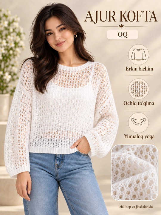 Ayollar ajur trikotaj sviteri, yengil, oversayz, yumaloq yoqali, keng yengli, 3 xil rang