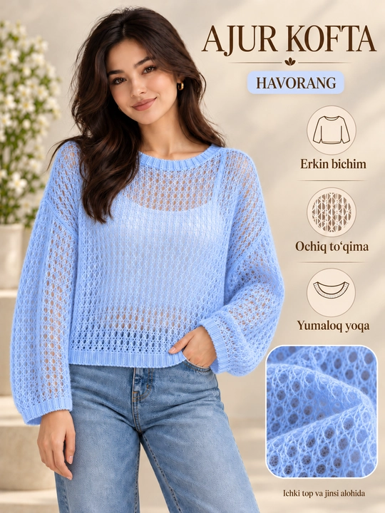 Ayollar ajur trikotaj sviteri, yengil, oversayz, yumaloq yoqali, keng yengli, 3 xil rang