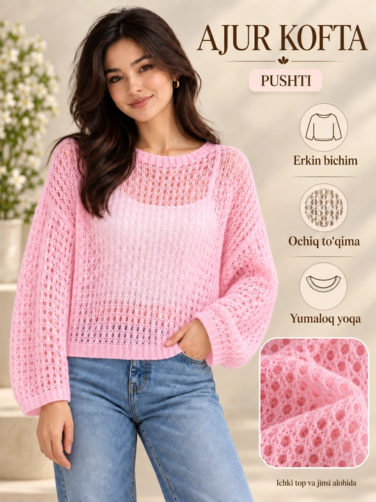 Ayollar ajur trikotaj sviteri, yengil, oversayz, yumaloq yoqali, keng yengli, 3 xil rang