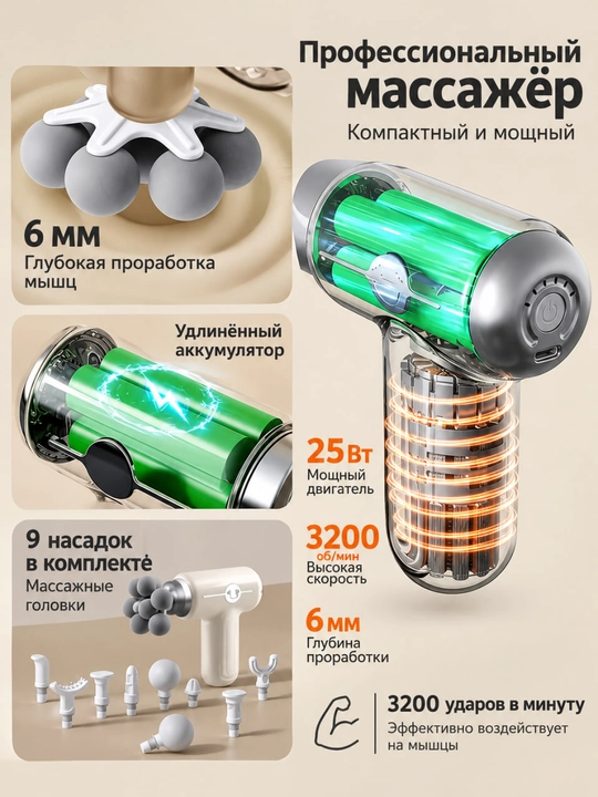 Перкуссионный массажёр для тела, 6 режимов, 9 насадок