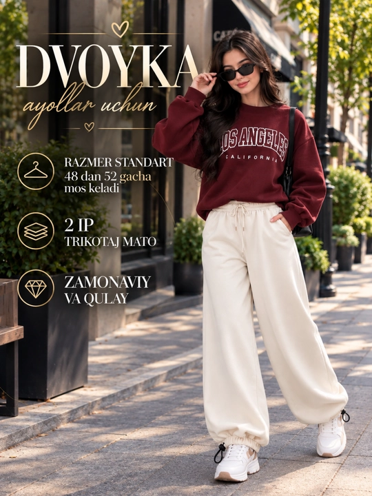 Ayollar uchun dvoyka kostyum 2 ip trikotaj svitshot va keng jogger shim 48-52